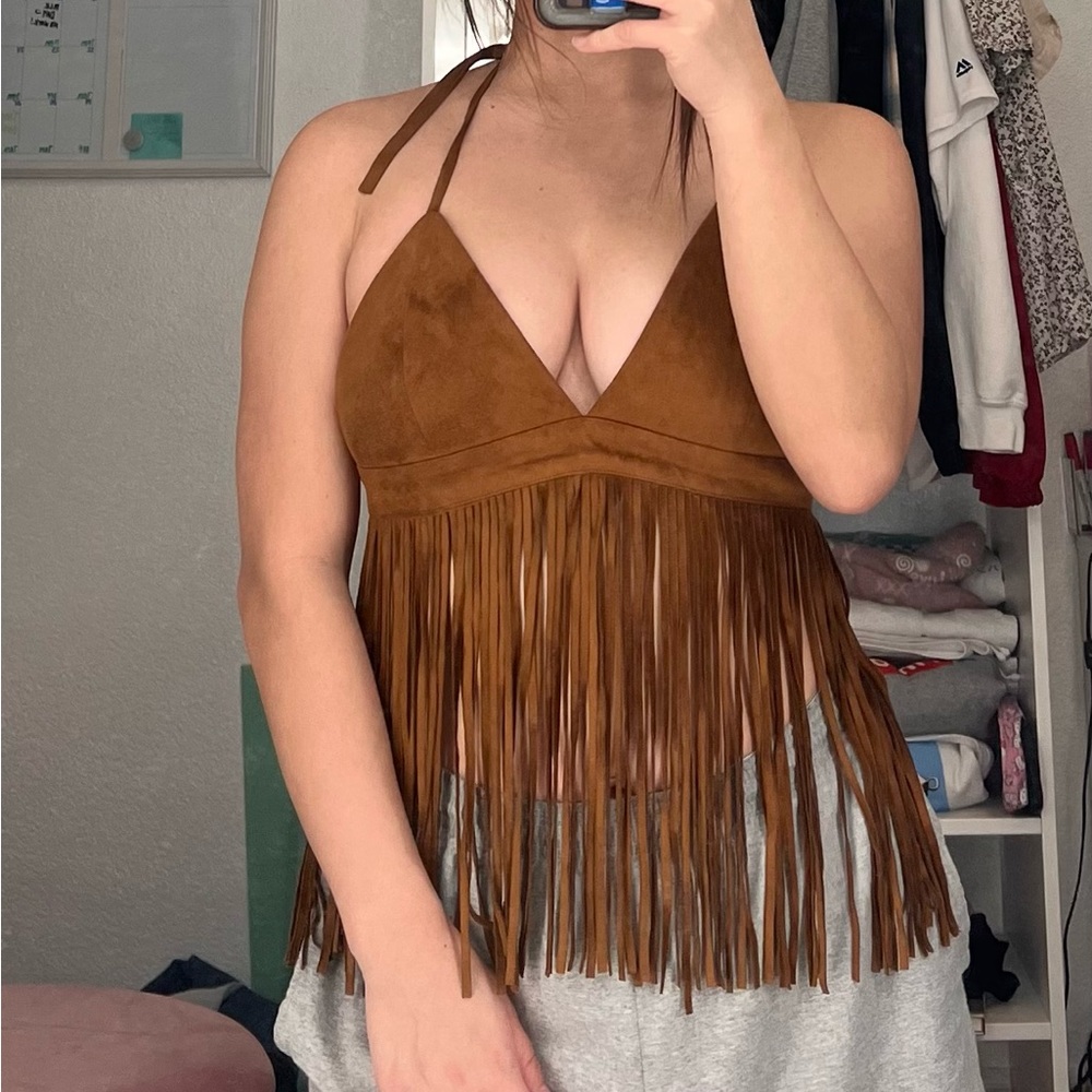 Brown fringe top